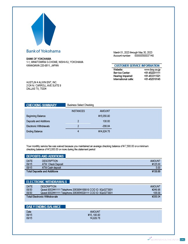 Download Bank of Yokohama company checking account statement Word and PDF template Photoshop template